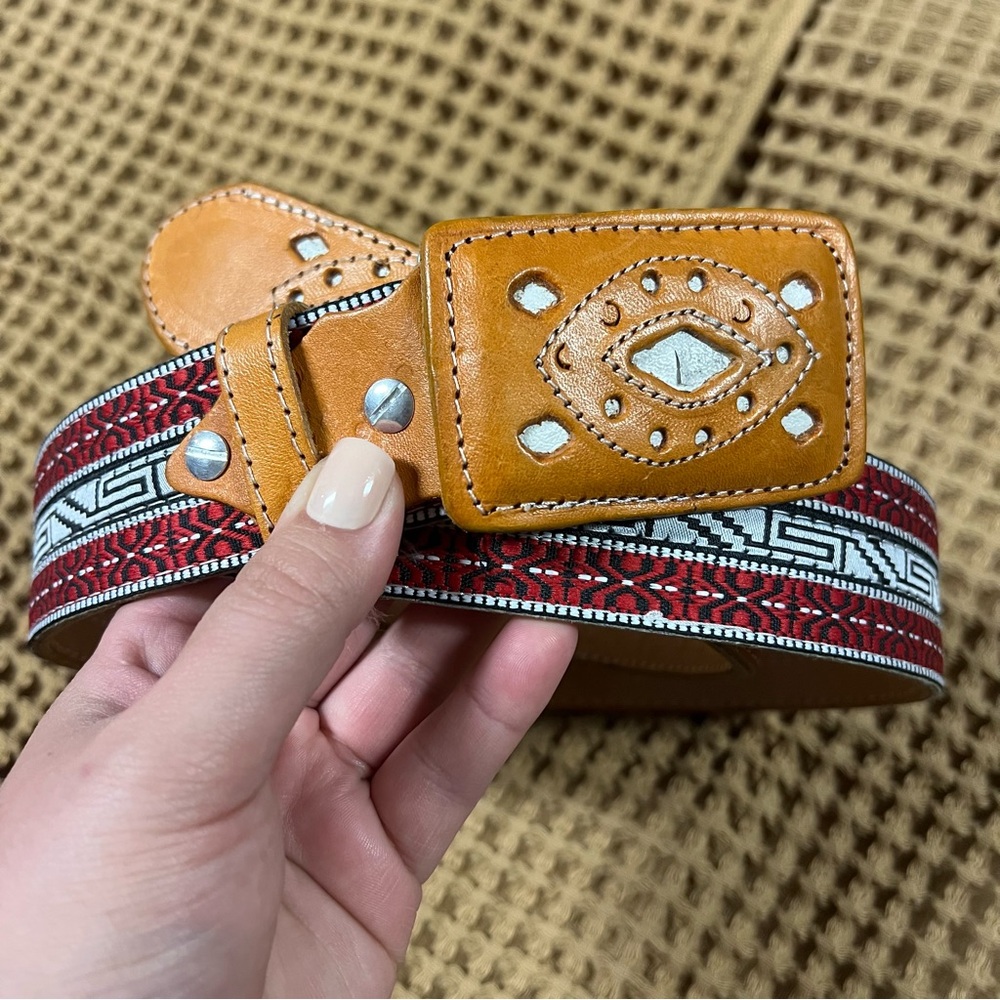 Handmade | Artisan Leather and Woven Belt Wide Aztec Western 44‎